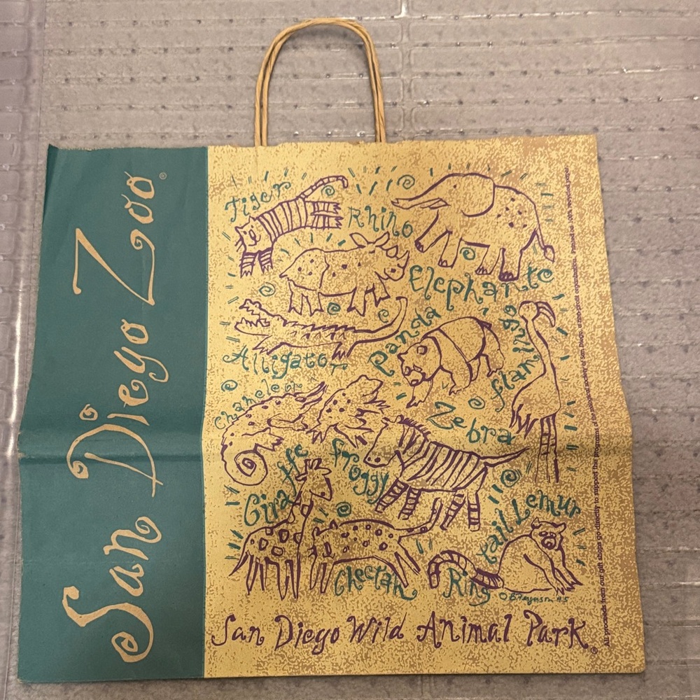 San Diego Zoo Gold and Green paper bag- collection item. 2008-2013 edition